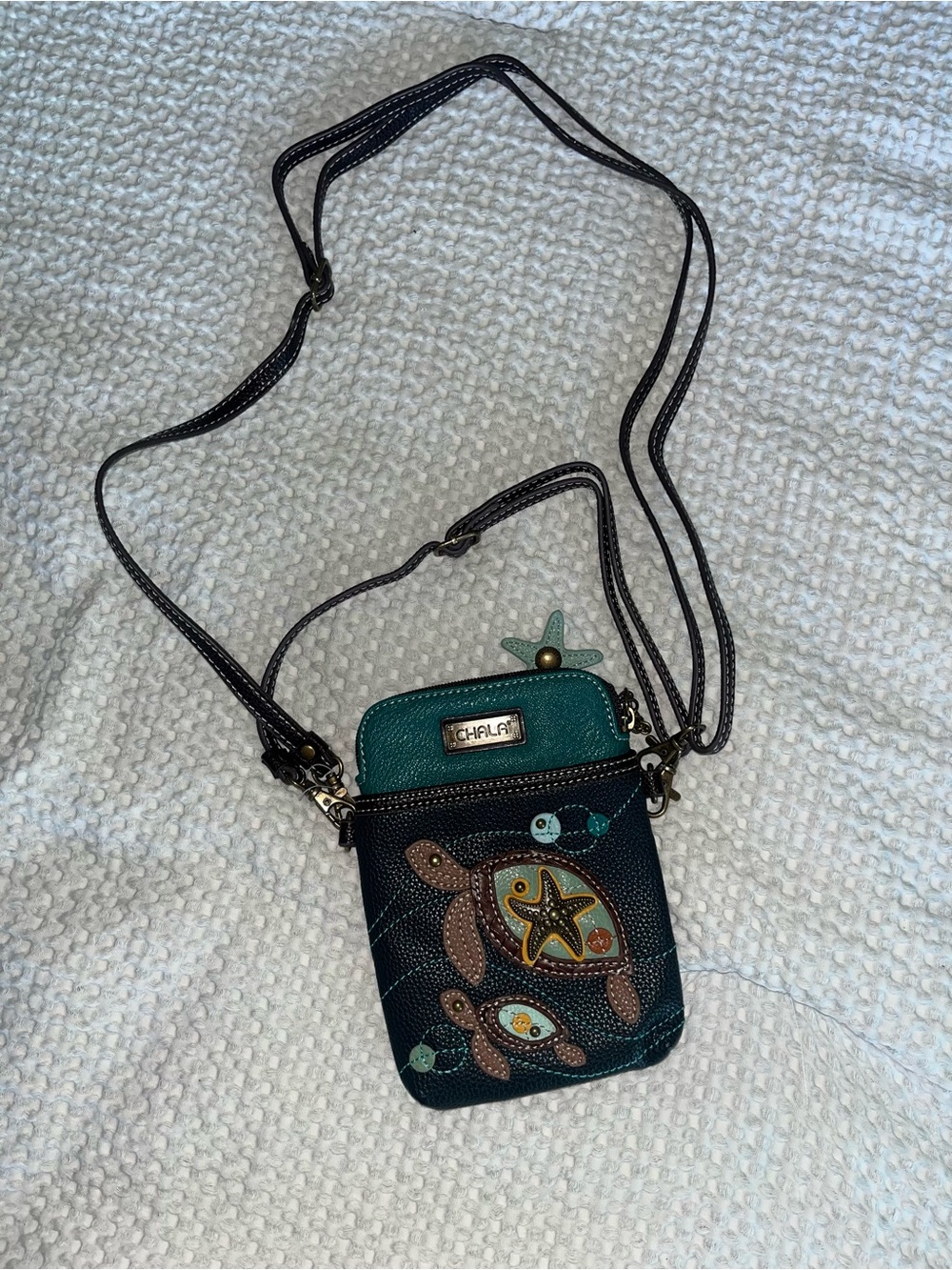 Chala Handbags Sea Turtle Cell Phone Crossbody Purse Teal Vegan Leather Beachy